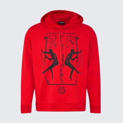 Crimson Balance hoodie with a bold red graphic creating a sharp, dark streetwear contrast.