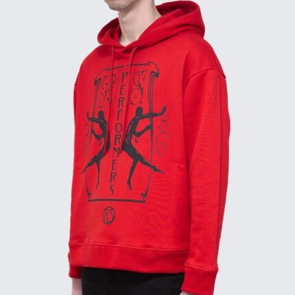 Crimson Balance Graphic Hoodie featuring a bold crimson graphic design on a dark hoodie, styled with a modern edgy streetwear aesthetic.